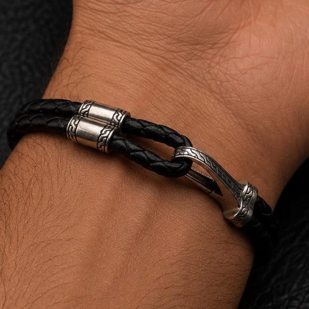 Viking Bracelet - Mens Eagle Bracelet - Sterling Silver Bracelet For Men - Black Leather Viking