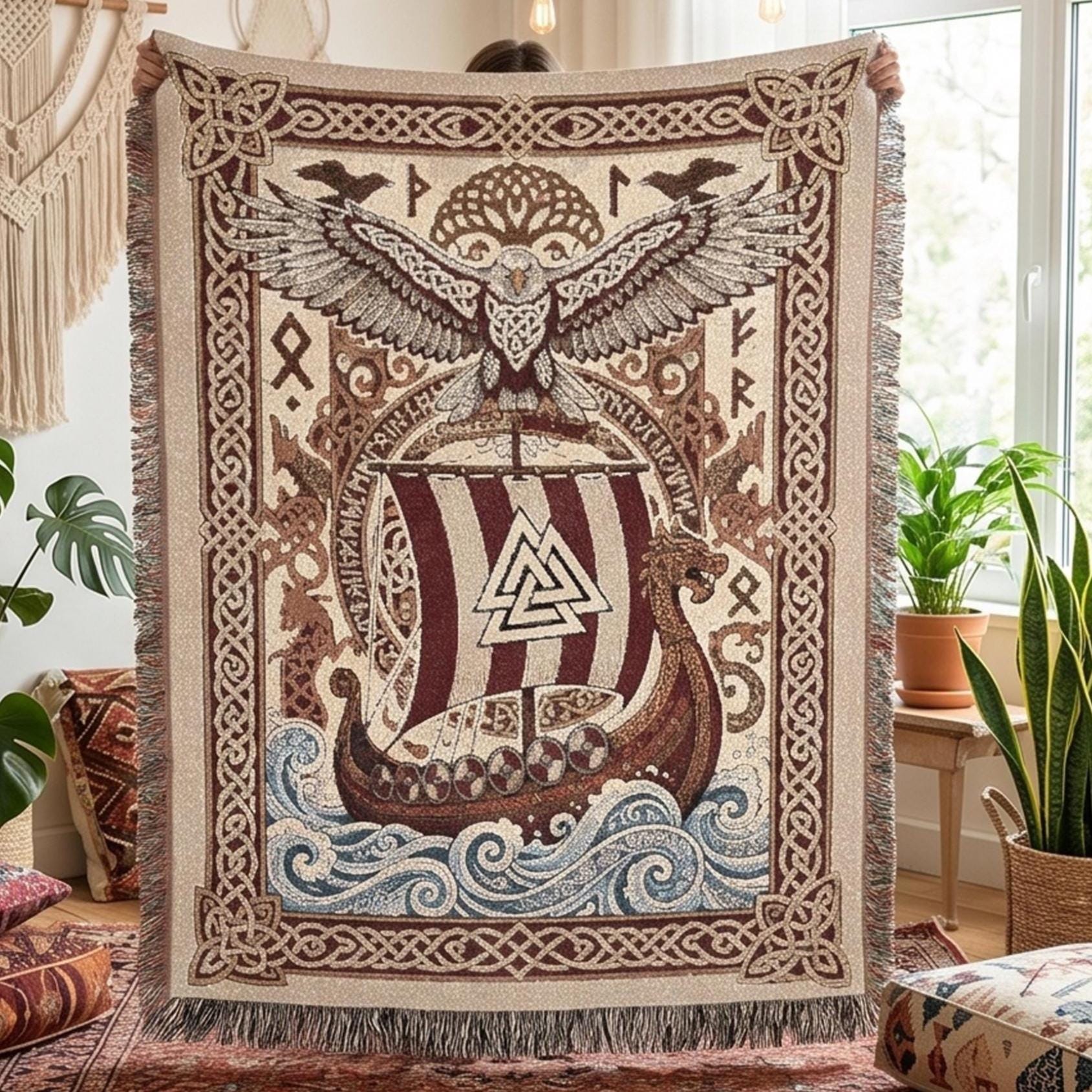 Viking Longship Blanket - Viking Longship Woven Blanket, Norse Storm Sea Tapestry, Dragon Boat