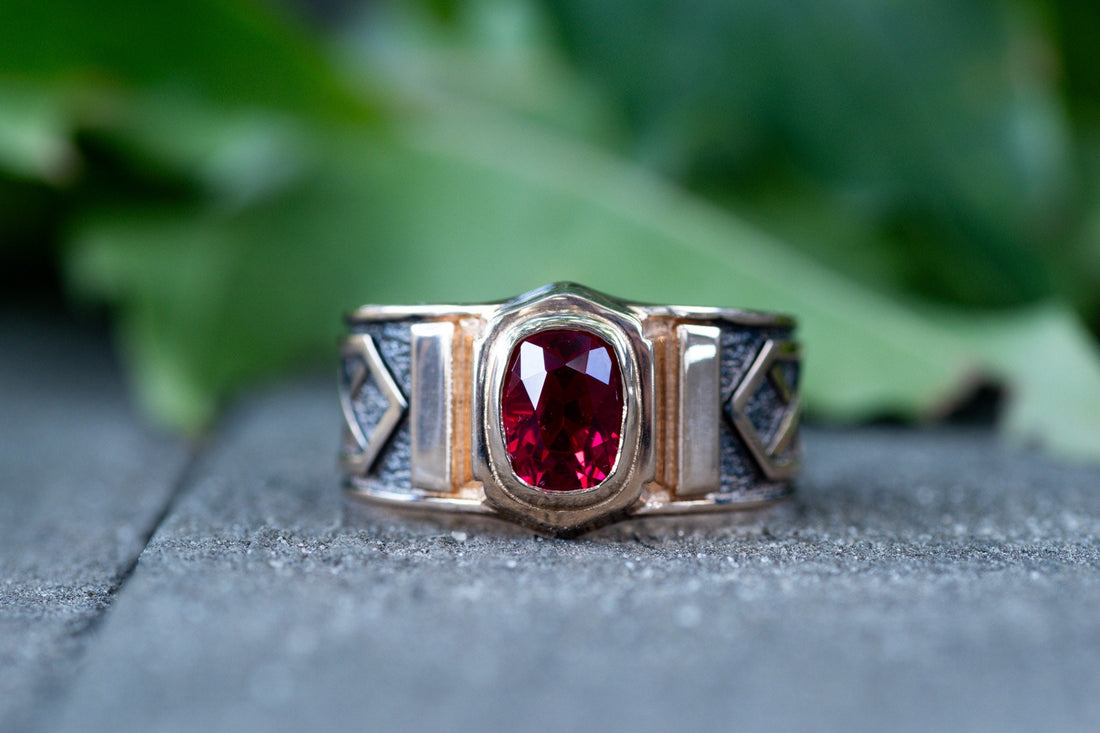 Viking Ring - 14k gold dwarven ring, brutalist signet ruby gemstone ring, fantasy viking nordic