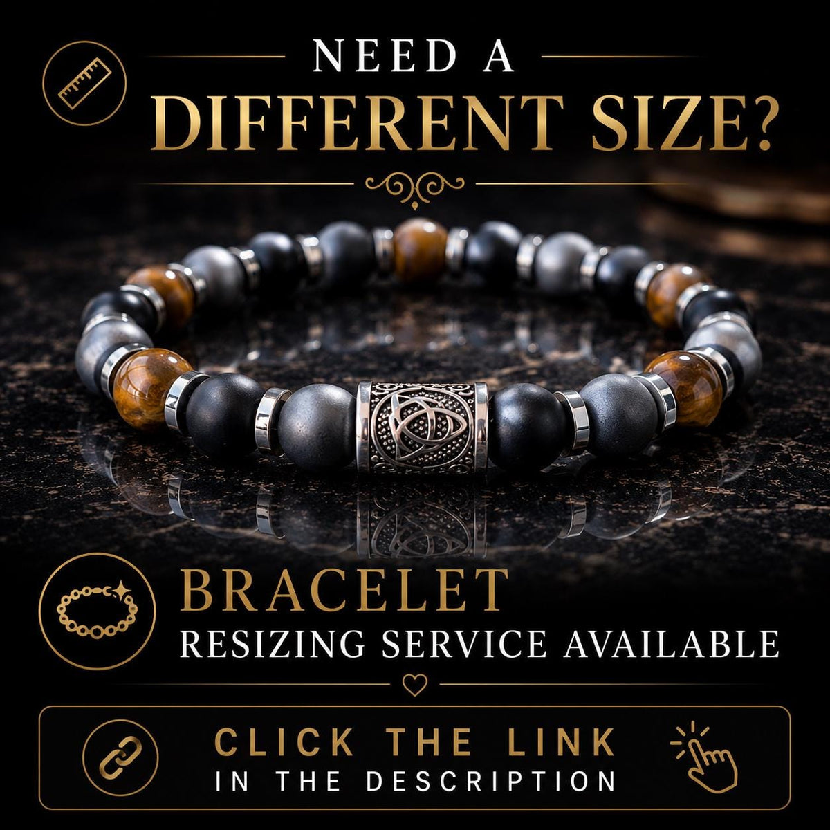 Viking Bracelet - Men’s Matte Tiger Eye Beaded Stretch Bracelet, Celtic Trinity Knot Bracelet