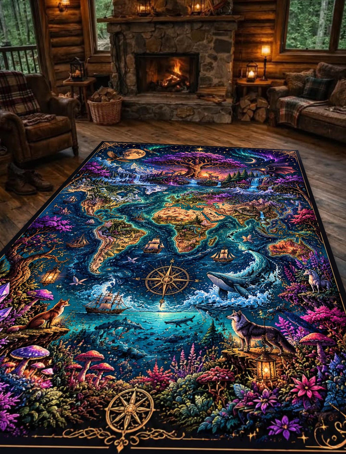 Viking Wolf Rug - Celtic Wolf Knot Rug Viking Nordic Symbol Art Carpet Dark Mythic Tribal Decor