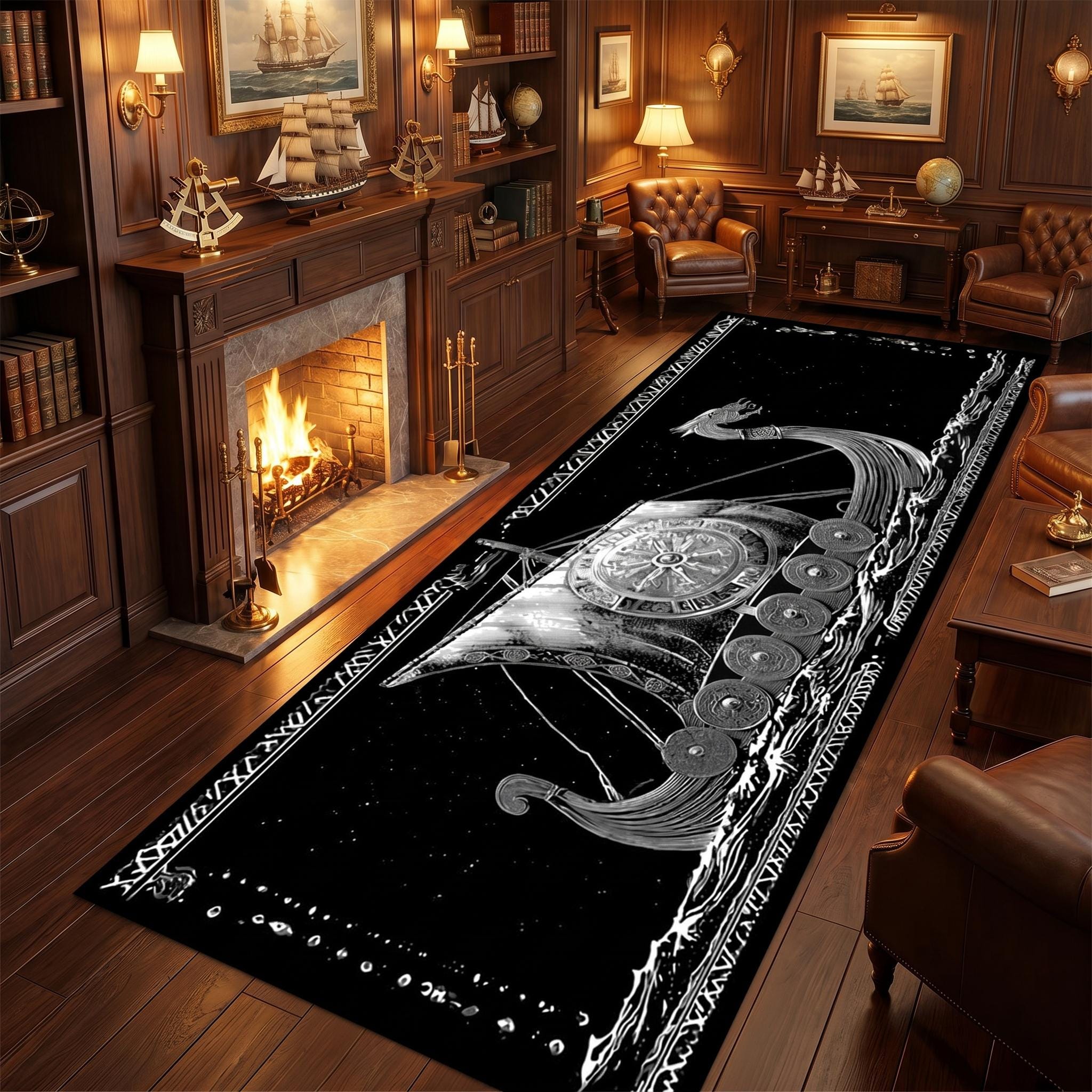 Viking Valknut Rug - Black Gold Norse Raven Viking Area Rug, Open Book Valknut Carpet, Celtic Knot
