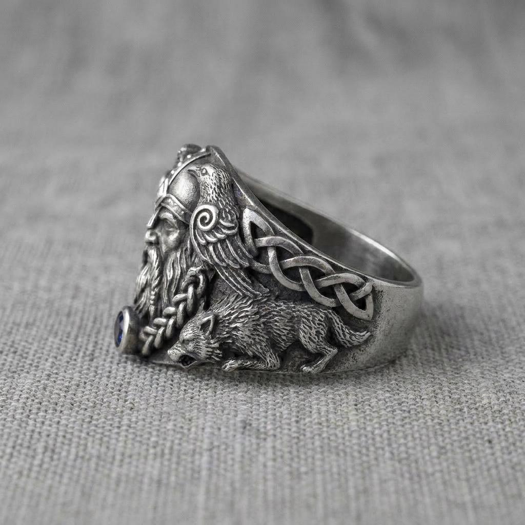 Viking Wolf Ring - Norse Raven Wolf Ring Silver Blue Stone Viking Celtic Knot Band