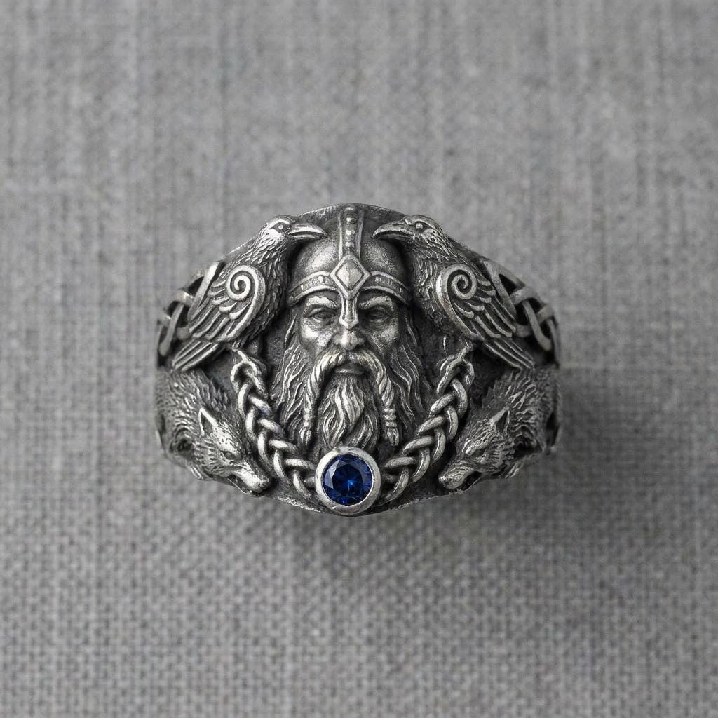 Viking Wolf Ring - Norse Raven Wolf Ring Silver Blue Stone Viking Celtic Knot Band