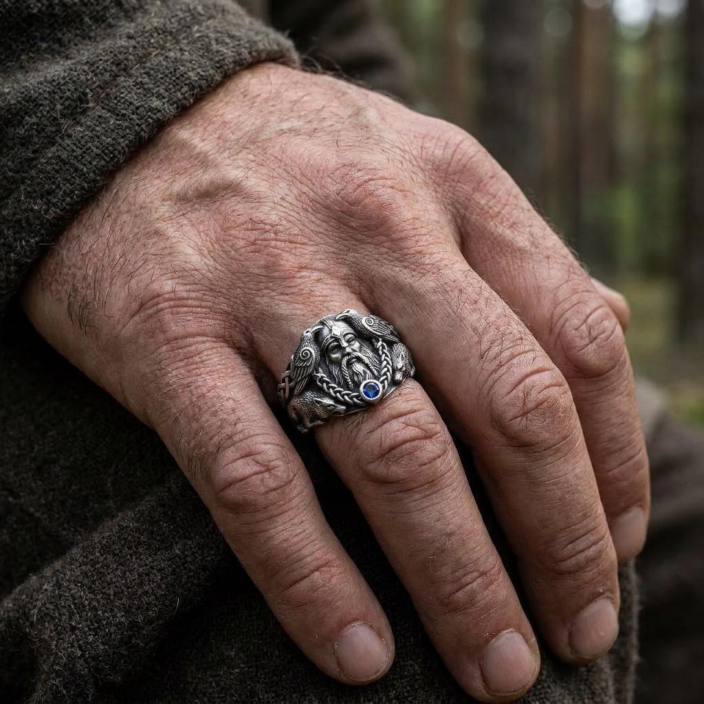 Viking Wolf Ring - Norse Raven Wolf Ring Silver Blue Stone Viking Celtic Knot Band