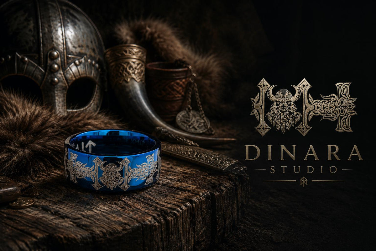 Viking Odin Ring - Blue Tungsten Viking Ring Norse Wedding Band Odin Symbol Personalized Mens