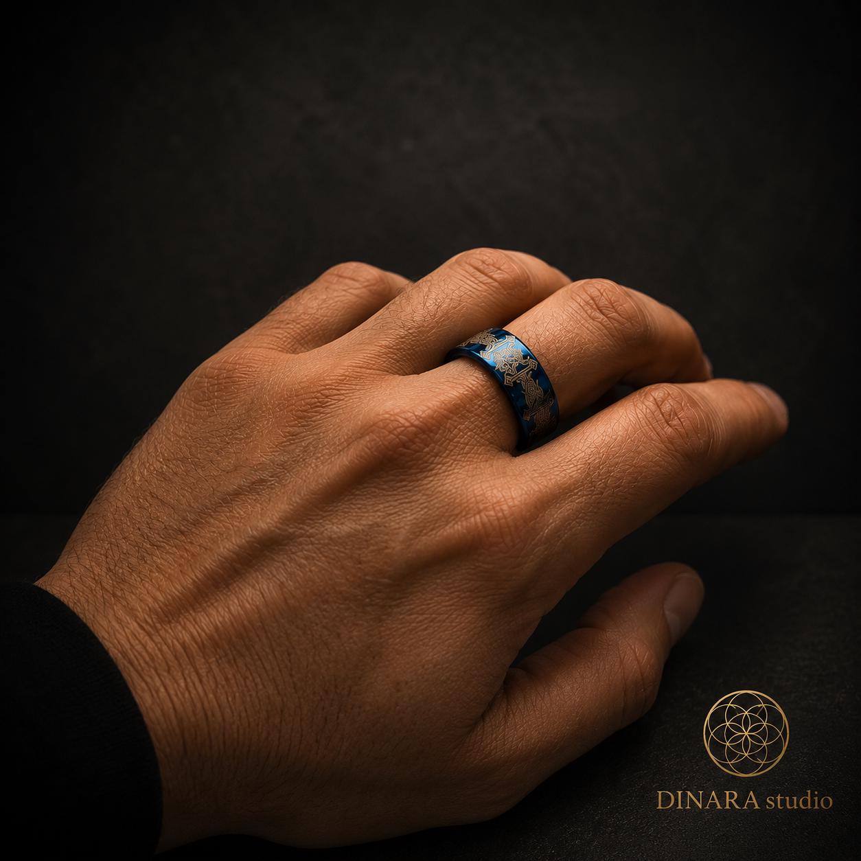 Viking Odin Ring - Blue Tungsten Viking Ring Norse Wedding Band Odin Symbol Personalized Mens