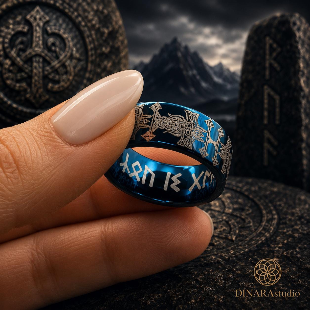 Viking Odin Ring - Blue Tungsten Viking Ring Norse Wedding Band Odin Symbol Personalized Mens