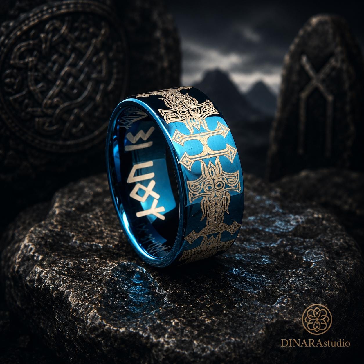 Viking Odin Ring - Blue Tungsten Viking Ring Norse Wedding Band Odin Symbol Personalized Mens