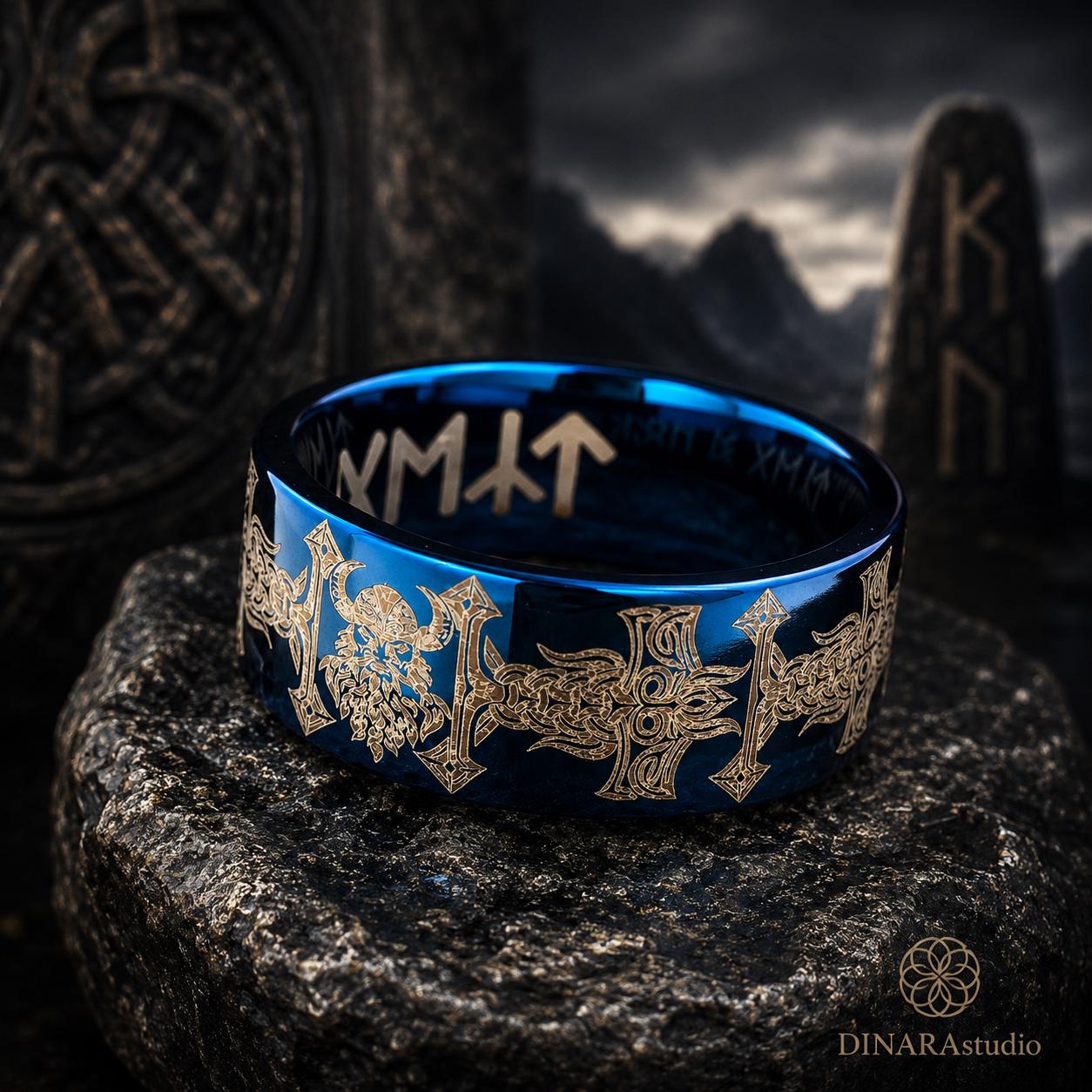 Viking Odin Ring - Blue Tungsten Viking Ring Norse Wedding Band Odin Symbol Personalized Mens