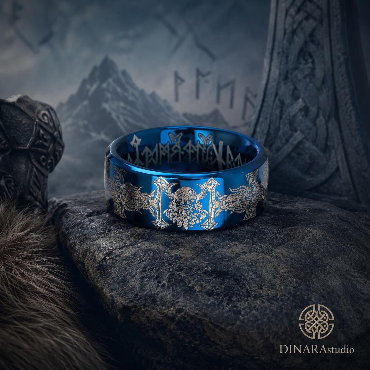 Viking Odin Ring - Blue Tungsten Viking Ring Norse Wedding Band Odin Symbol Personalized Mens