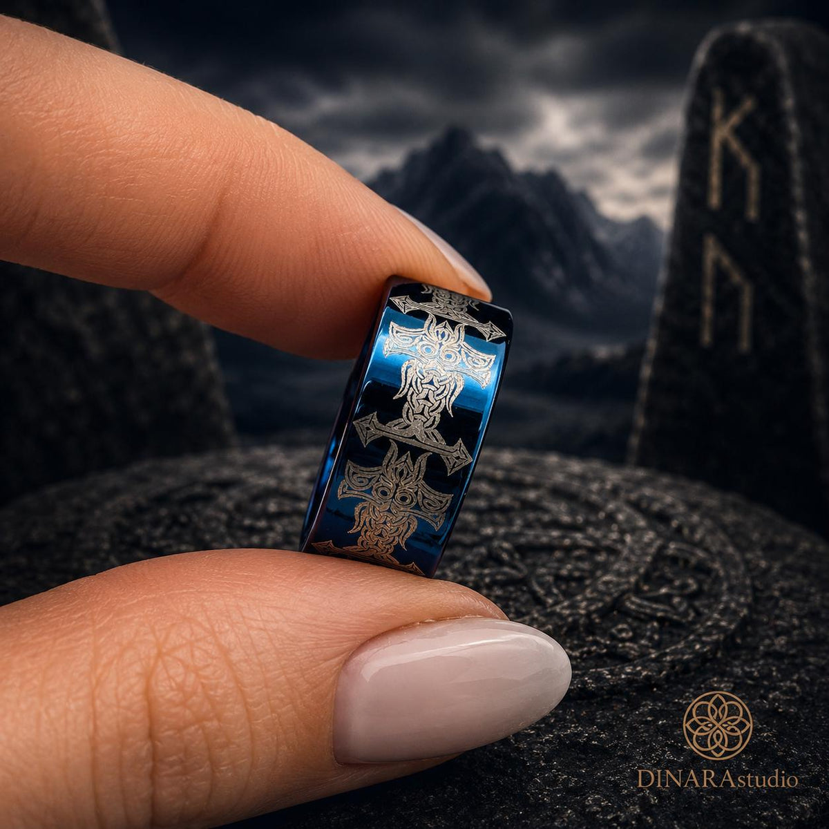 Viking Odin Ring - Blue Tungsten Viking Ring Norse Wedding Band Odin Symbol Personalized Mens