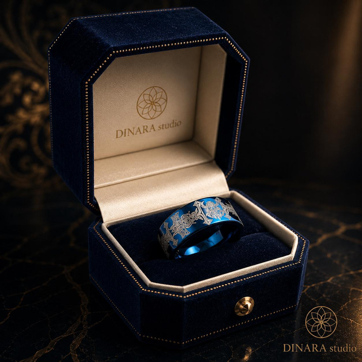 Viking Odin Ring - Blue Tungsten Viking Ring Norse Wedding Band Odin Symbol Personalized Mens