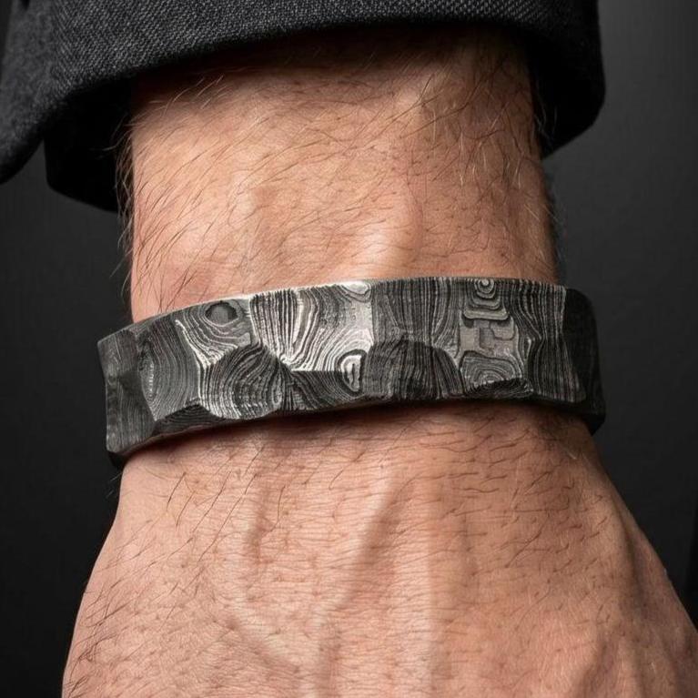 Viking Bracelet - Hand Forged Damascus Steel Cuff Bracelet with Copper Inlay Viking Bangle, Modern