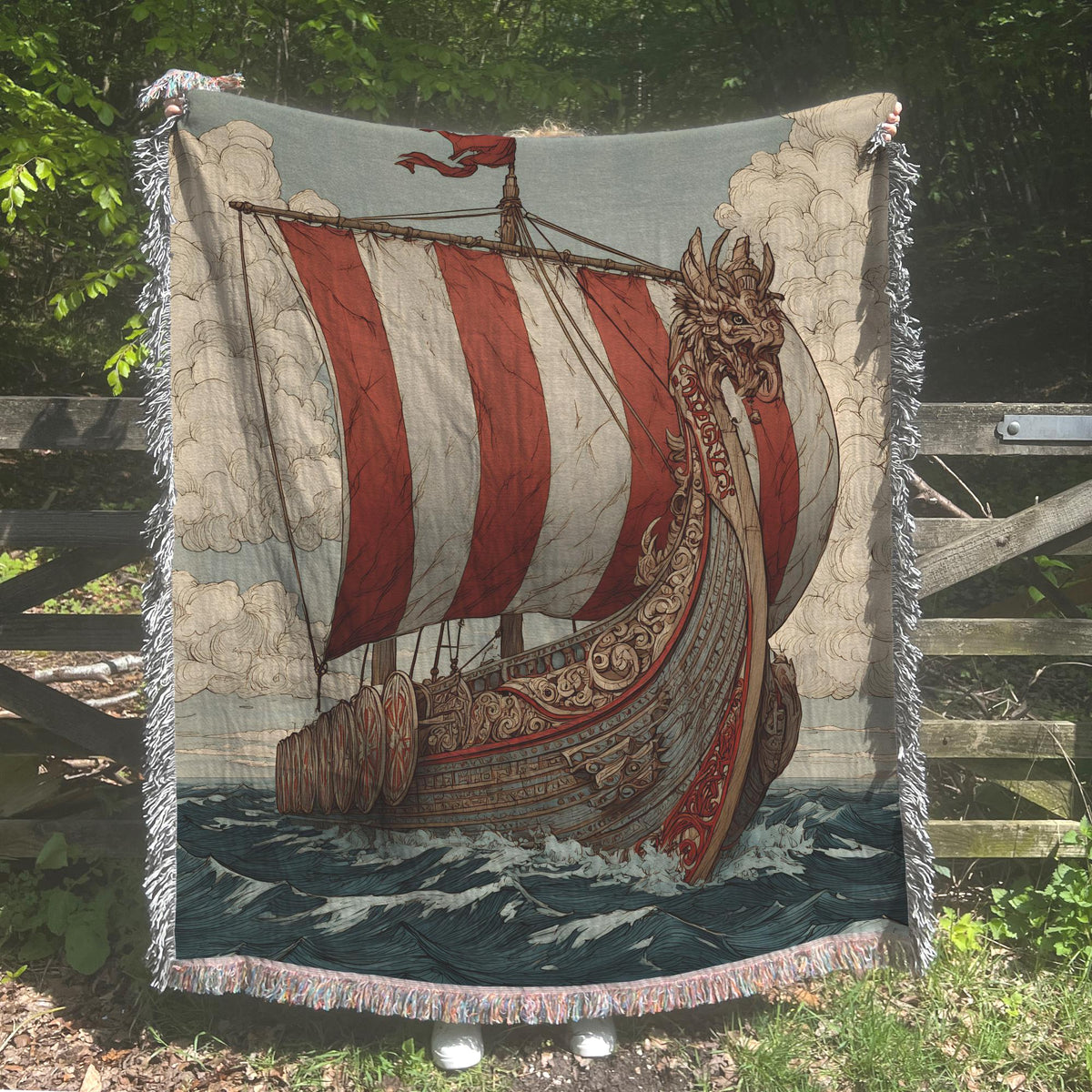Viking Thor's Hammer Blanket - Viking Longship Woven Blanket, Medieval Norse Mythology Tapestry