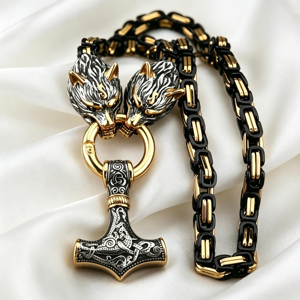 Viking Thor's Hammer Necklace - Gold Mjolnir Necklace with Wolf Heads, Viking Thor Hammer Pendant