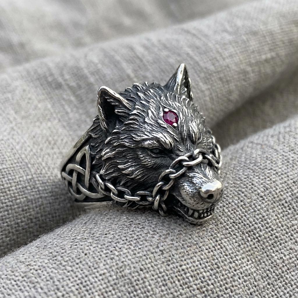 Viking Wolf Ring - Norse Raven Wolf Ring Silver Blue Stone Viking Celtic Knot Band