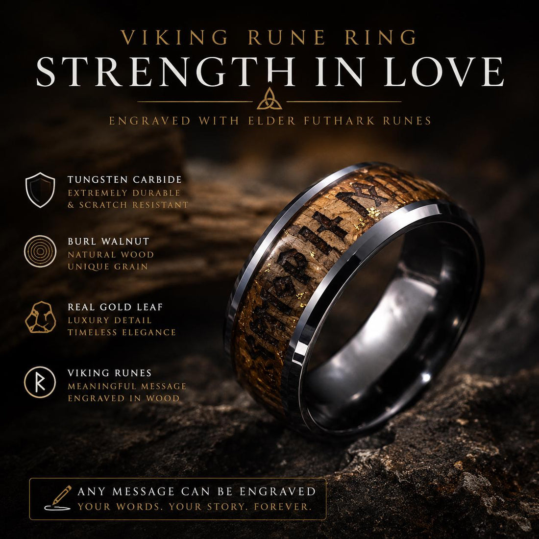 Viking Rune Ring - Custom Viking Rune Ring, Elder and Younger Futhark Engraving, Burl Walnut & Gold
