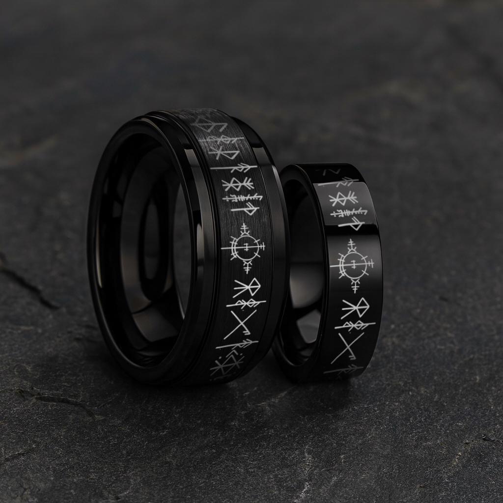 Viking Rune Ring - Ancient Viking Ring For Men - Nordic Runes Ring, Black Viking Norse Ring