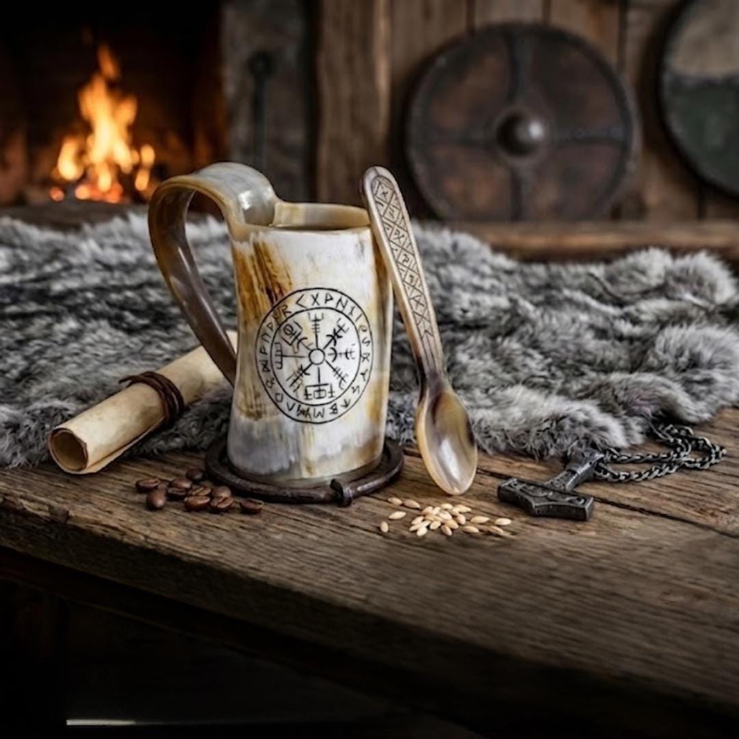 Viking Longship Mug - Hand-Carved Drakkar Viking Horn Mug - Authentic Medieval Mead Tankard, Rustic