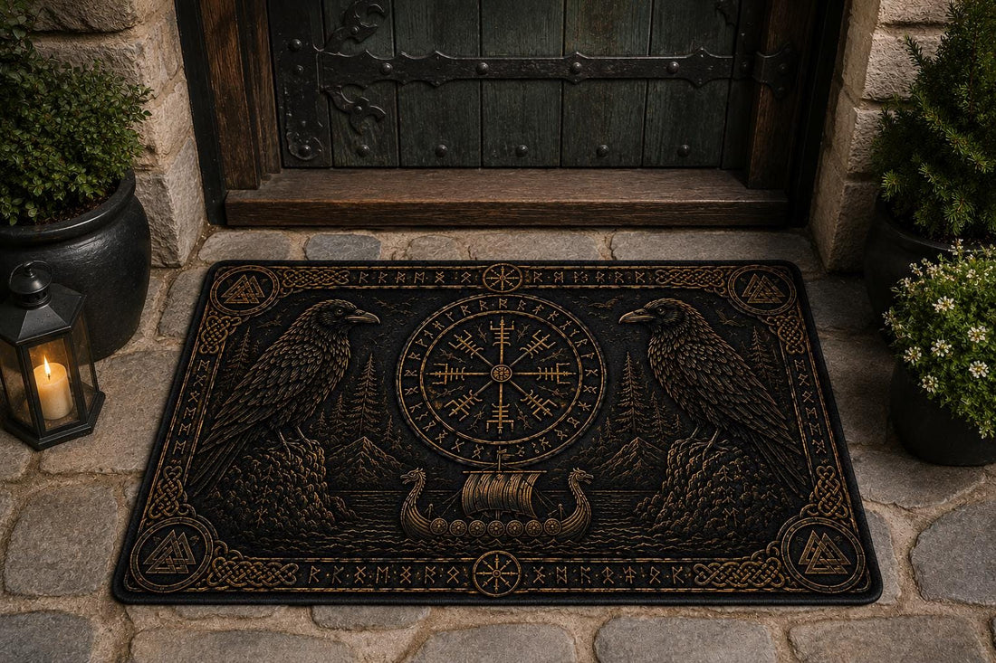 Viking Odin Rug - Viking Raven Doormat, Norse Vegvisir Mat, Odin Raven Decor, Nordic Entry Rug