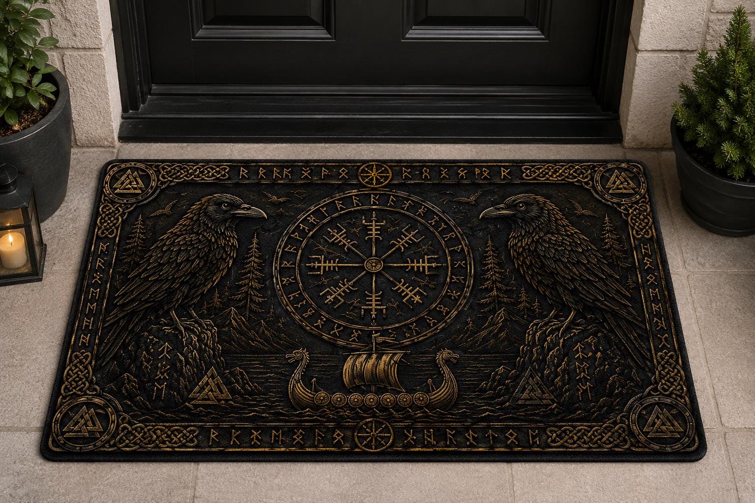 Viking Odin Rug - Viking Raven Doormat, Norse Vegvisir Mat, Odin Raven Decor, Nordic Entry Rug