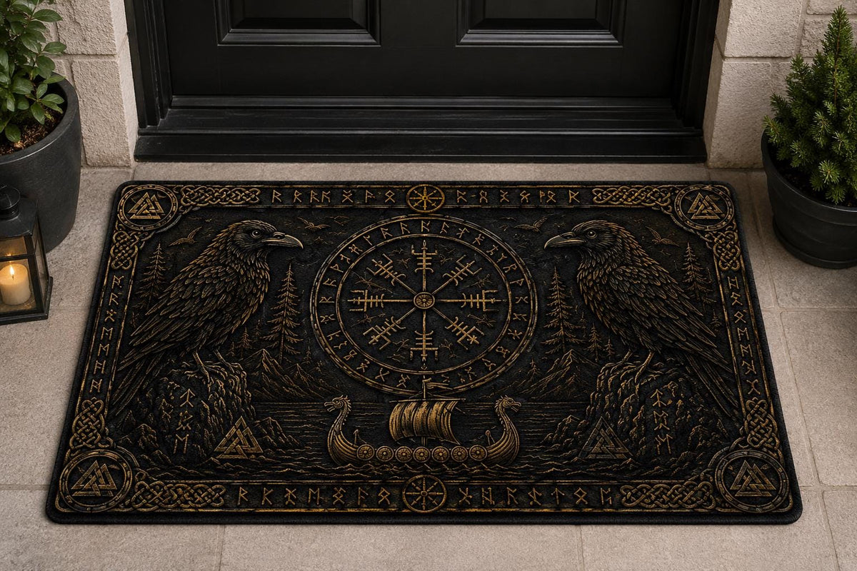 Viking Odin Rug - Viking Raven Doormat, Norse Vegvisir Mat, Odin Raven Decor, Nordic Entry Rug