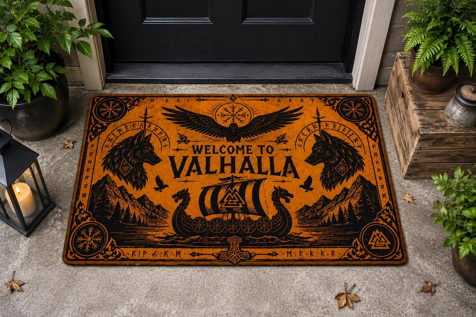 Viking Odin Rug - Viking Raven Doormat, Norse Vegvisir Mat, Odin Raven Decor, Nordic Entry Rug