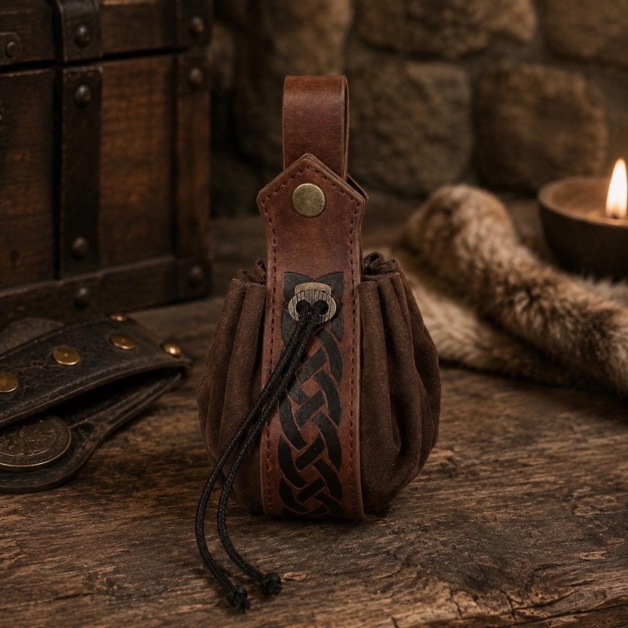 Viking Costume & LARP - Medieval Belt with Pouches for Men, Viking Leather Waist Bag Set