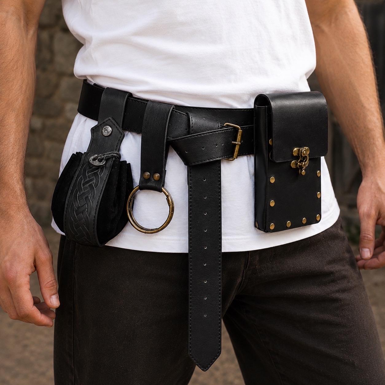Viking Costume & LARP - Medieval Belt with Pouches for Men, Viking Leather Waist Bag Set