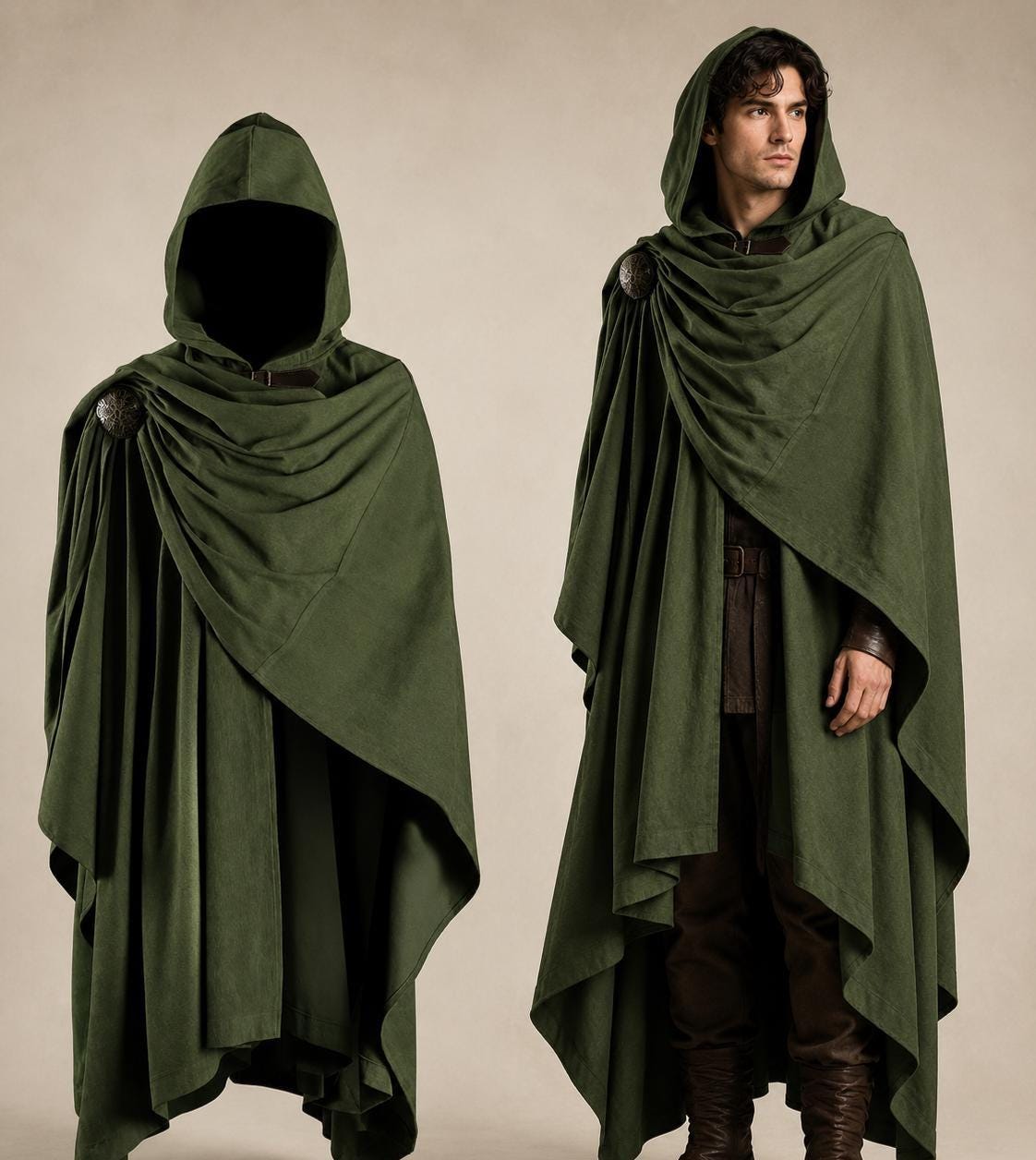 Viking Jacket - Dark Green Leather Hooded Poncho, Medieval Fantasy Cape, Viking Cloak, Renaissance