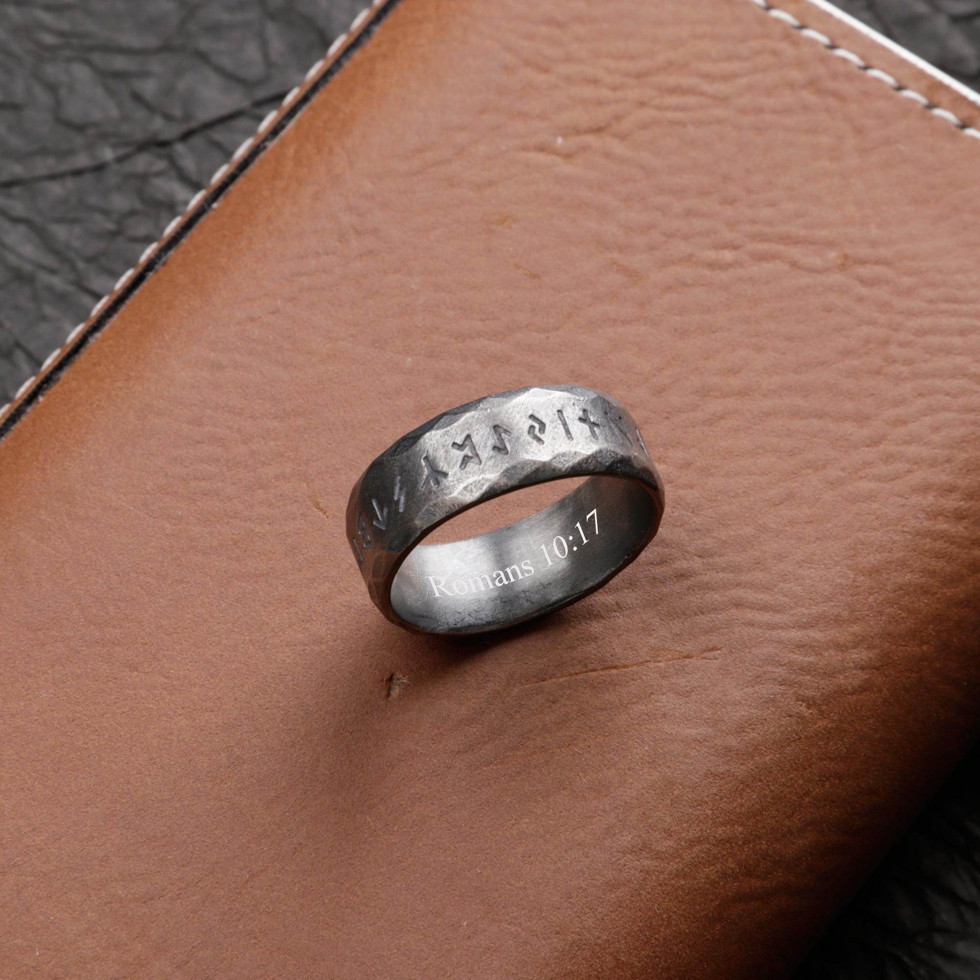 Viking Rune Ring - Engraved Viking Rune Ring, Hammered Sterling Silver Futhark Band, Ancient Norse
