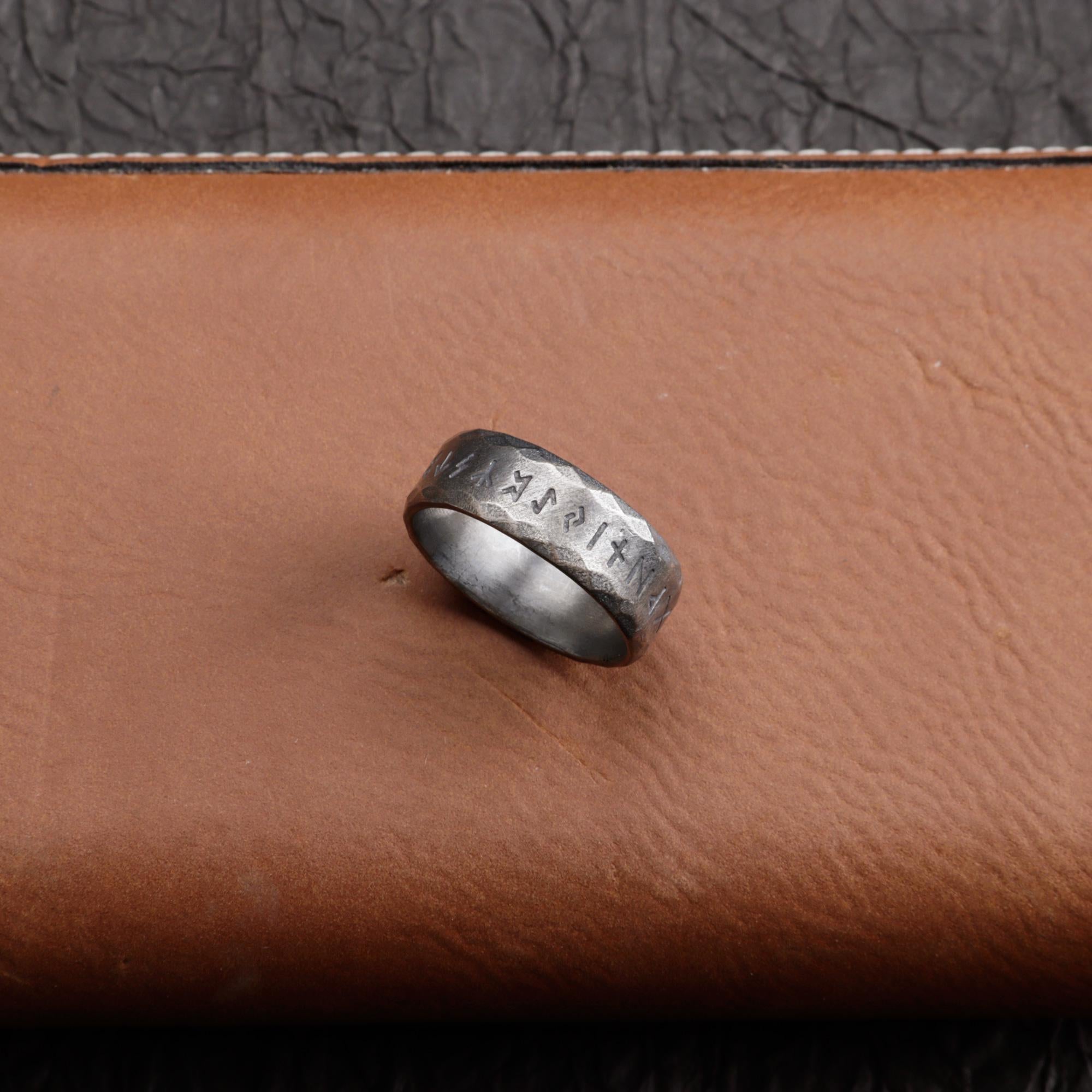 Viking Rune Ring - Engraved Viking Rune Ring, Hammered Sterling Silver Futhark Band, Ancient Norse