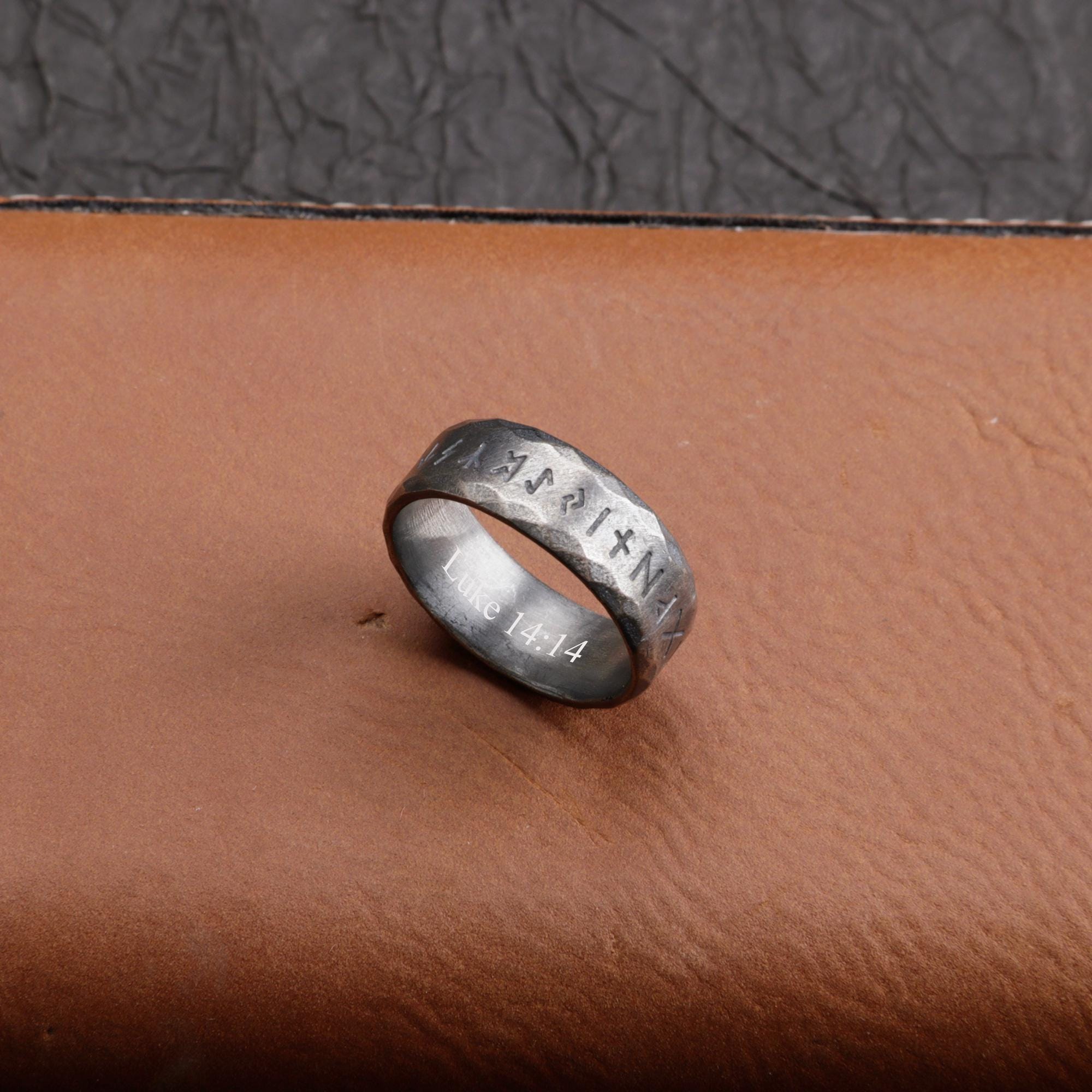 Viking Rune Ring - Engraved Viking Rune Ring, Hammered Sterling Silver Futhark Band, Ancient Norse