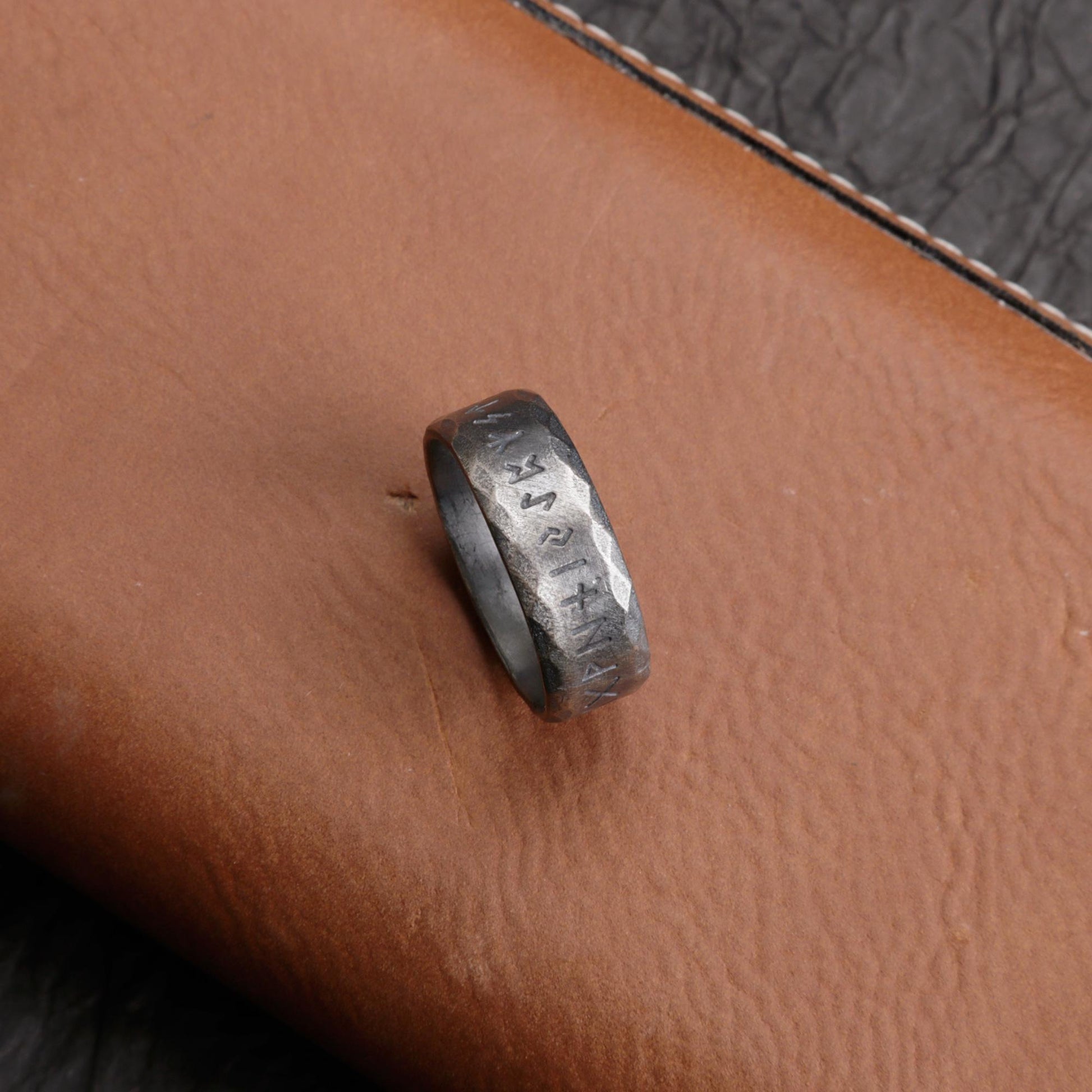 Viking Rune Ring - Engraved Viking Rune Ring, Hammered Sterling Silver Futhark Band, Ancient Norse