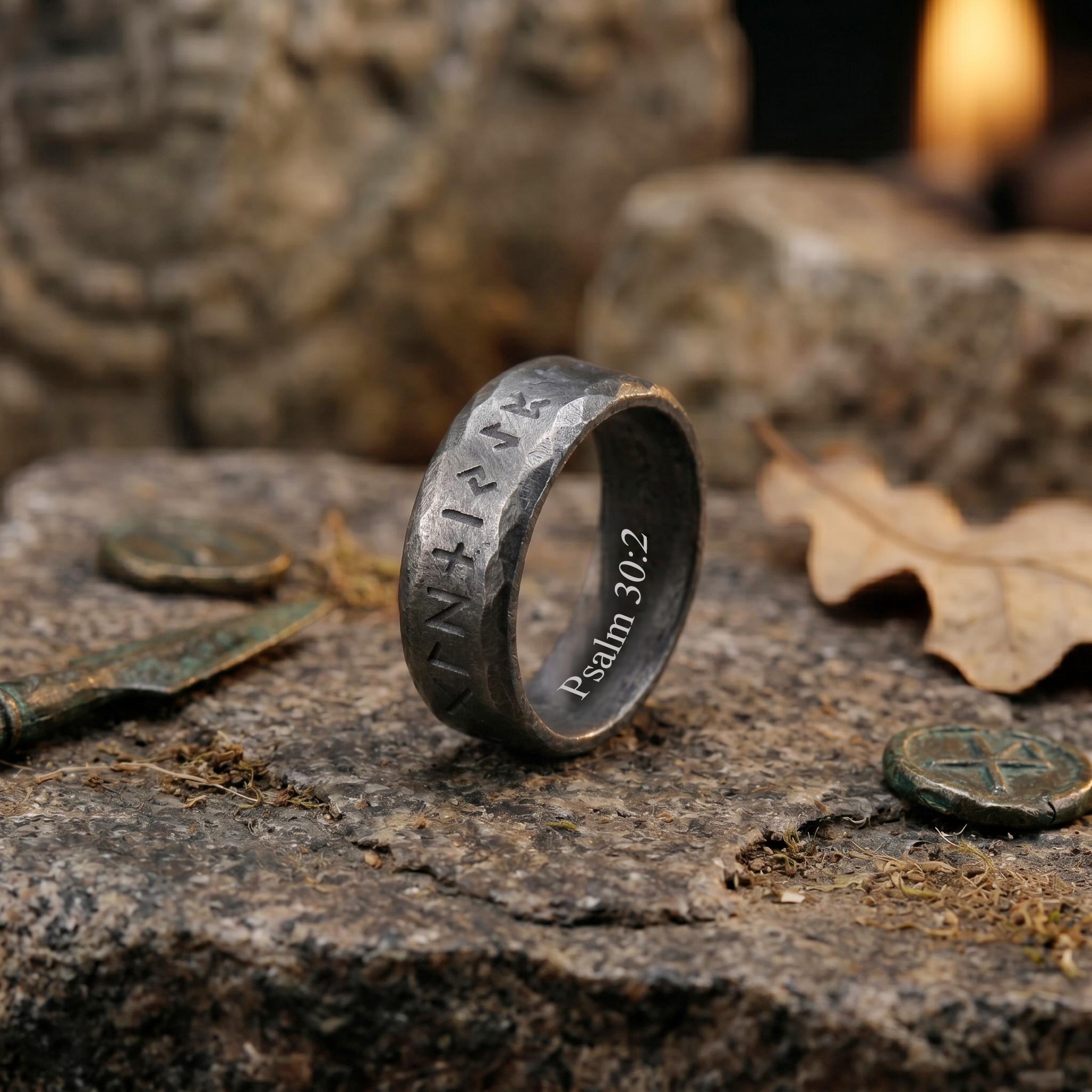 Viking Rune Ring - Engraved Viking Rune Ring, Hammered Sterling Silver Futhark Band, Ancient Norse