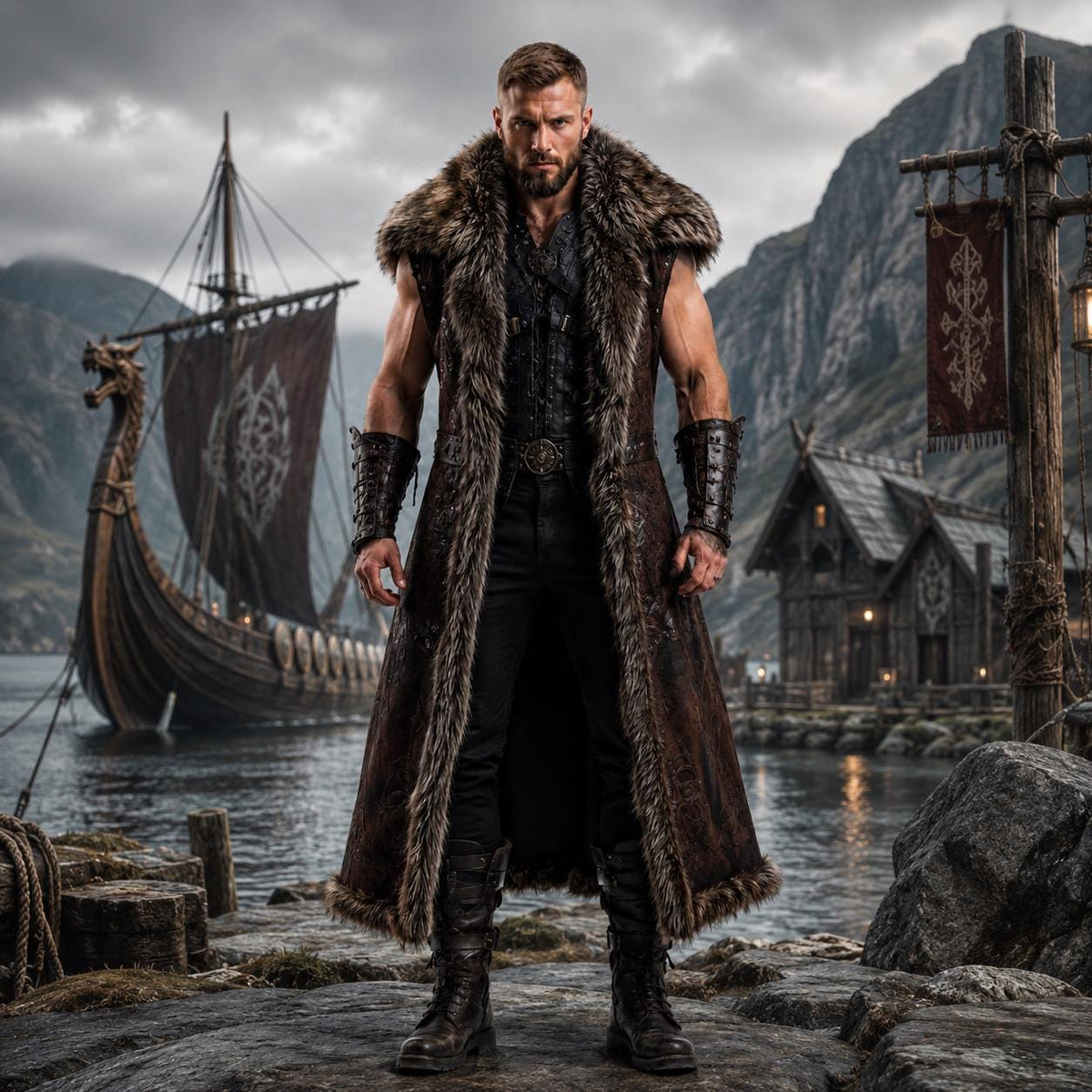 Viking Jacket - Viking Jarl Leather Coat Men Fur Collar Norse Warrior Medieval Fantasy Cosplay
