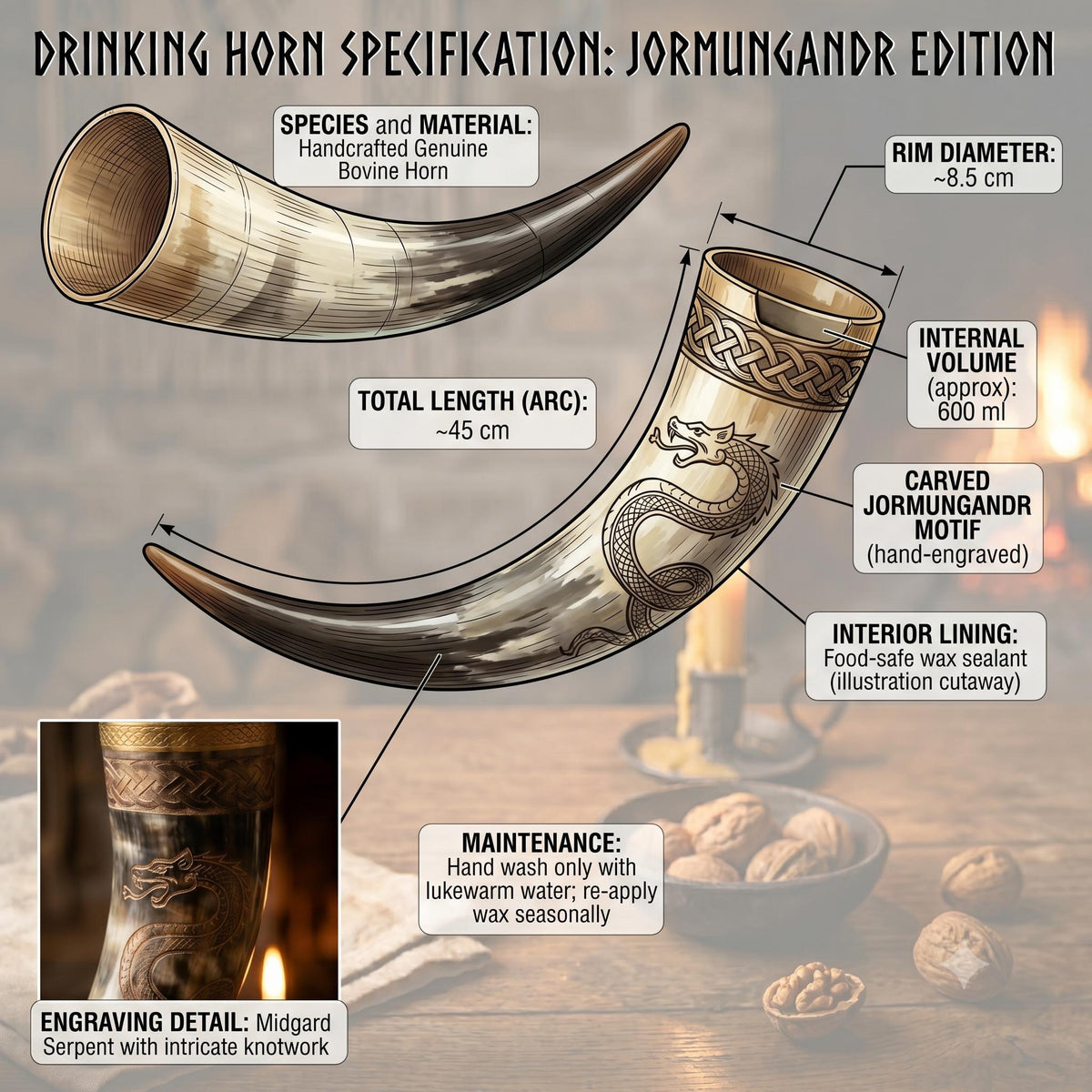 Viking Mug - Viking Drinking Horn Jormungandr Engraved, Handmade Bovine Horn Mug, Norse Mead Horn