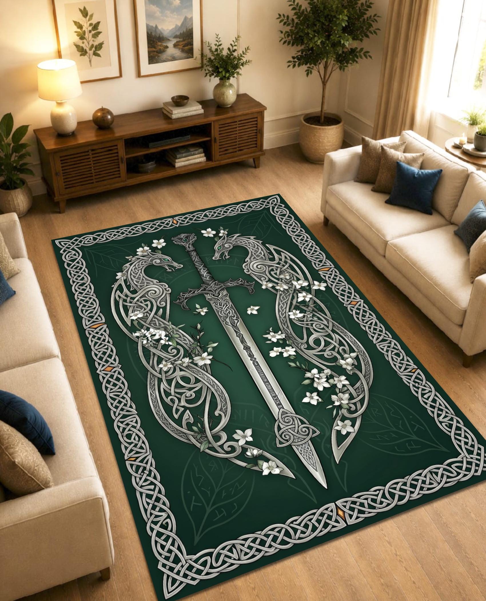 Viking Rug - Celtic Dragon Sword Rug, Viking Knot Carpet, Medieval Fantasy Decor, Gothic Warrior