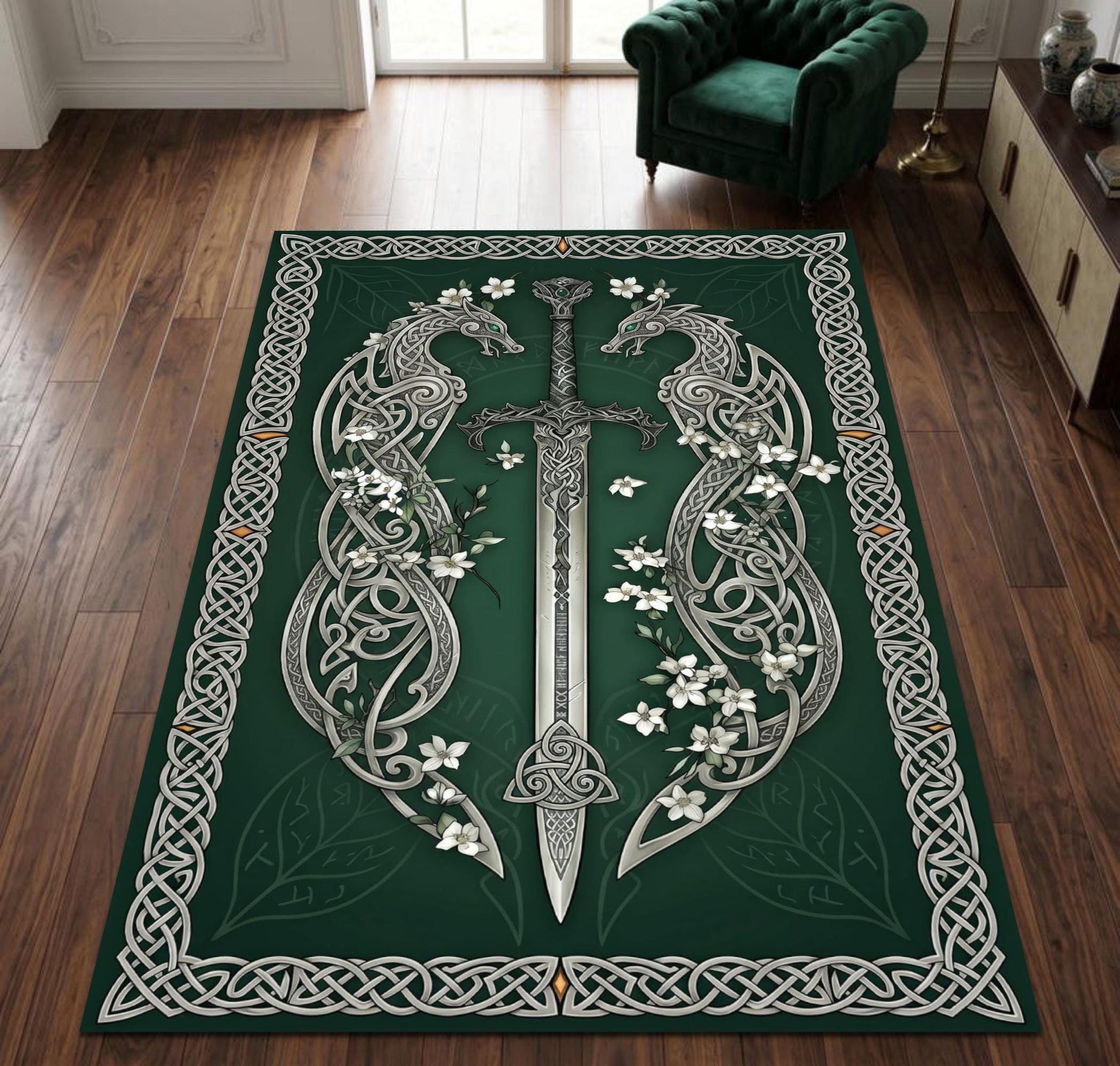 Viking Rug - Celtic Dragon Sword Rug, Viking Knot Carpet, Medieval Fantasy Decor, Gothic Warrior