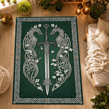 Viking Rug - Celtic Dragon Sword Rug, Viking Knot Carpet, Medieval Fantasy Decor, Gothic Warrior