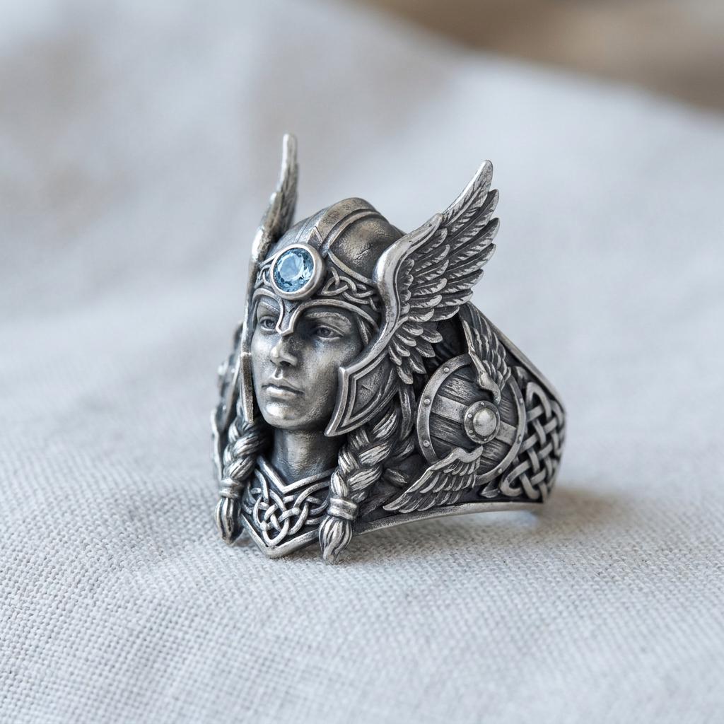 Viking Wolf Ring - Norse Raven Wolf Ring Silver Blue Stone Viking Celtic Knot Band