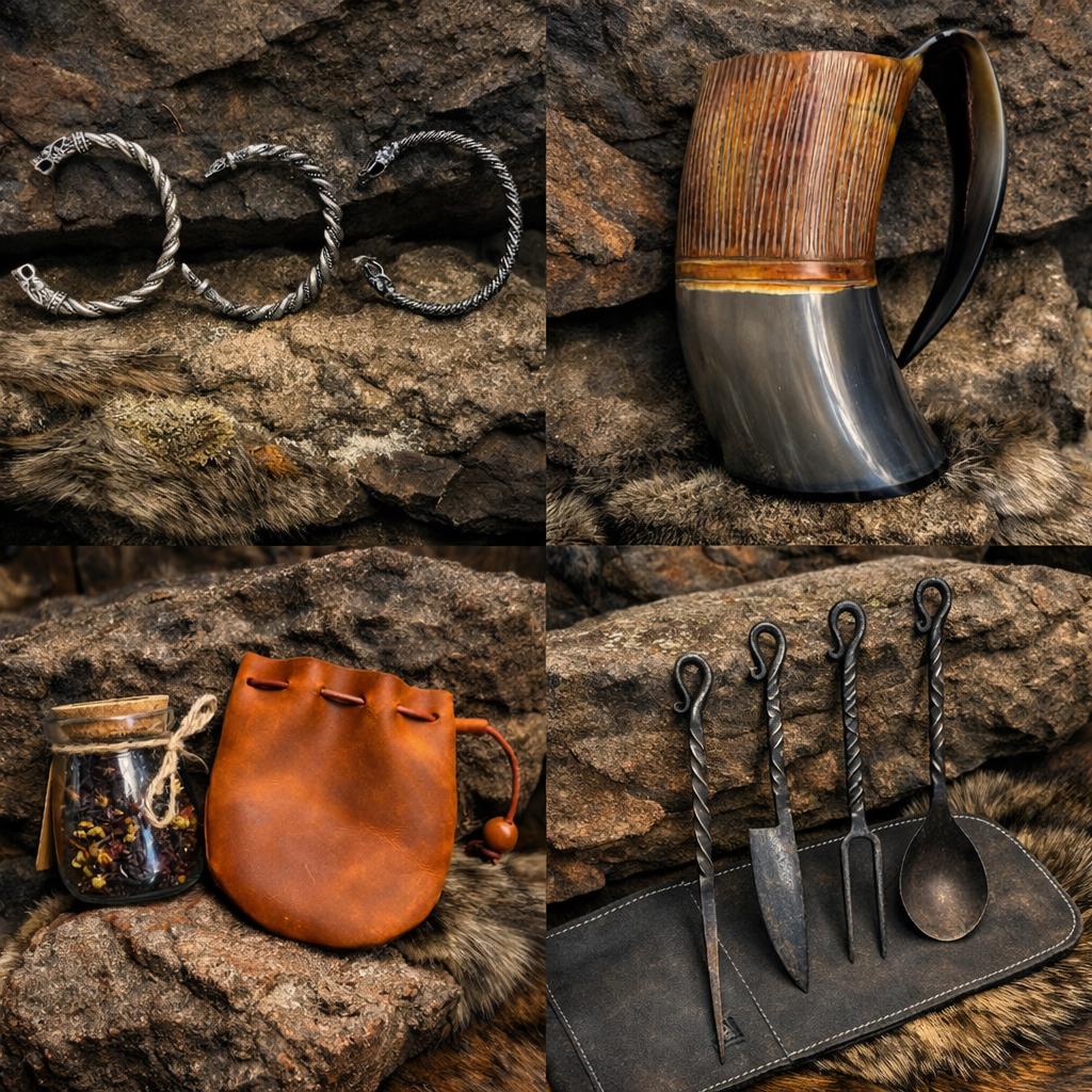 Viking Mug - Viking Gift Box - Horn Mug, Norse God Figurine, Ancient Style Utensils, Norse