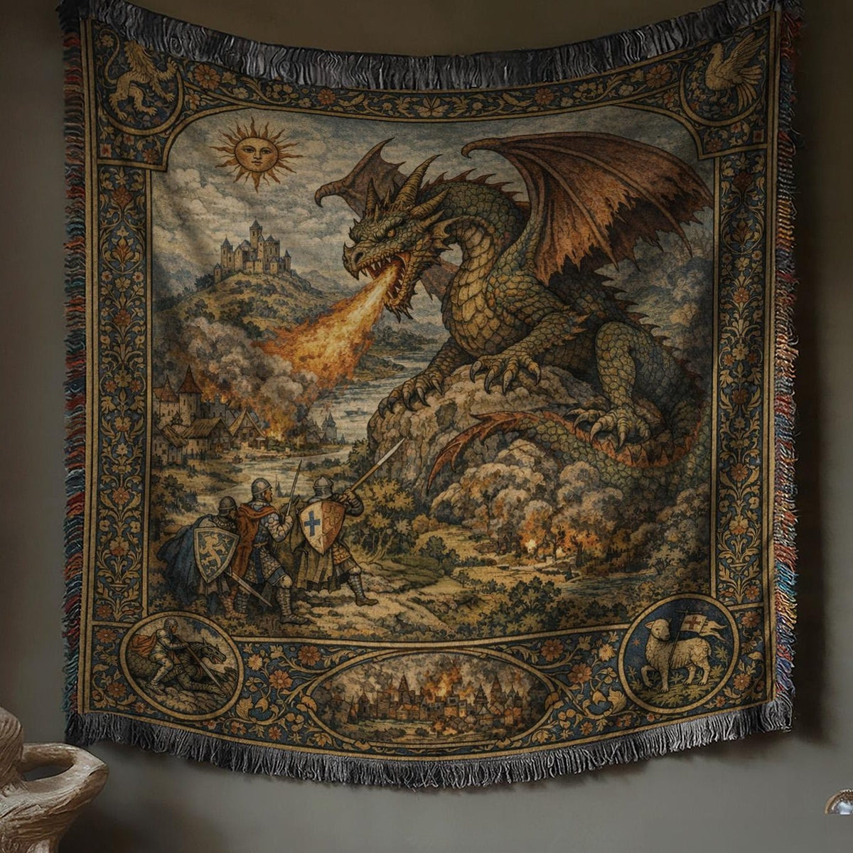Viking Blanket - Viking Nordic Dragon Woven Cotton Throw Blanket, Fringed Tapestry Decor