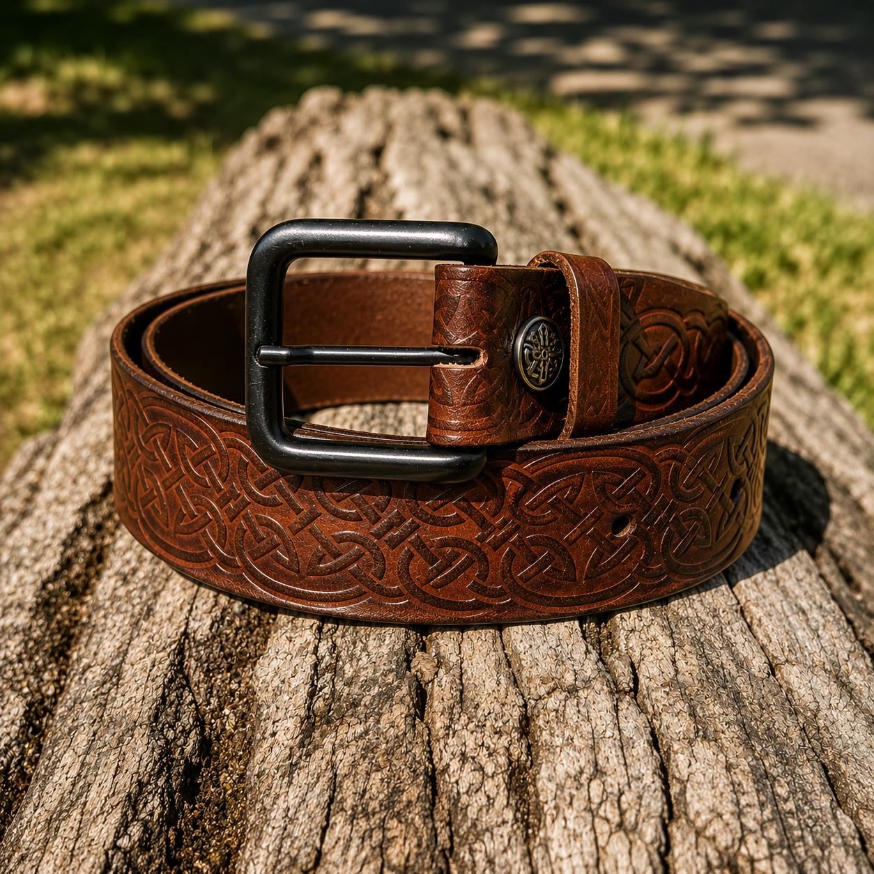 Viking Leather Accessory - Embossed Viking belt from brown or black 3, 2mm leather, with bronze