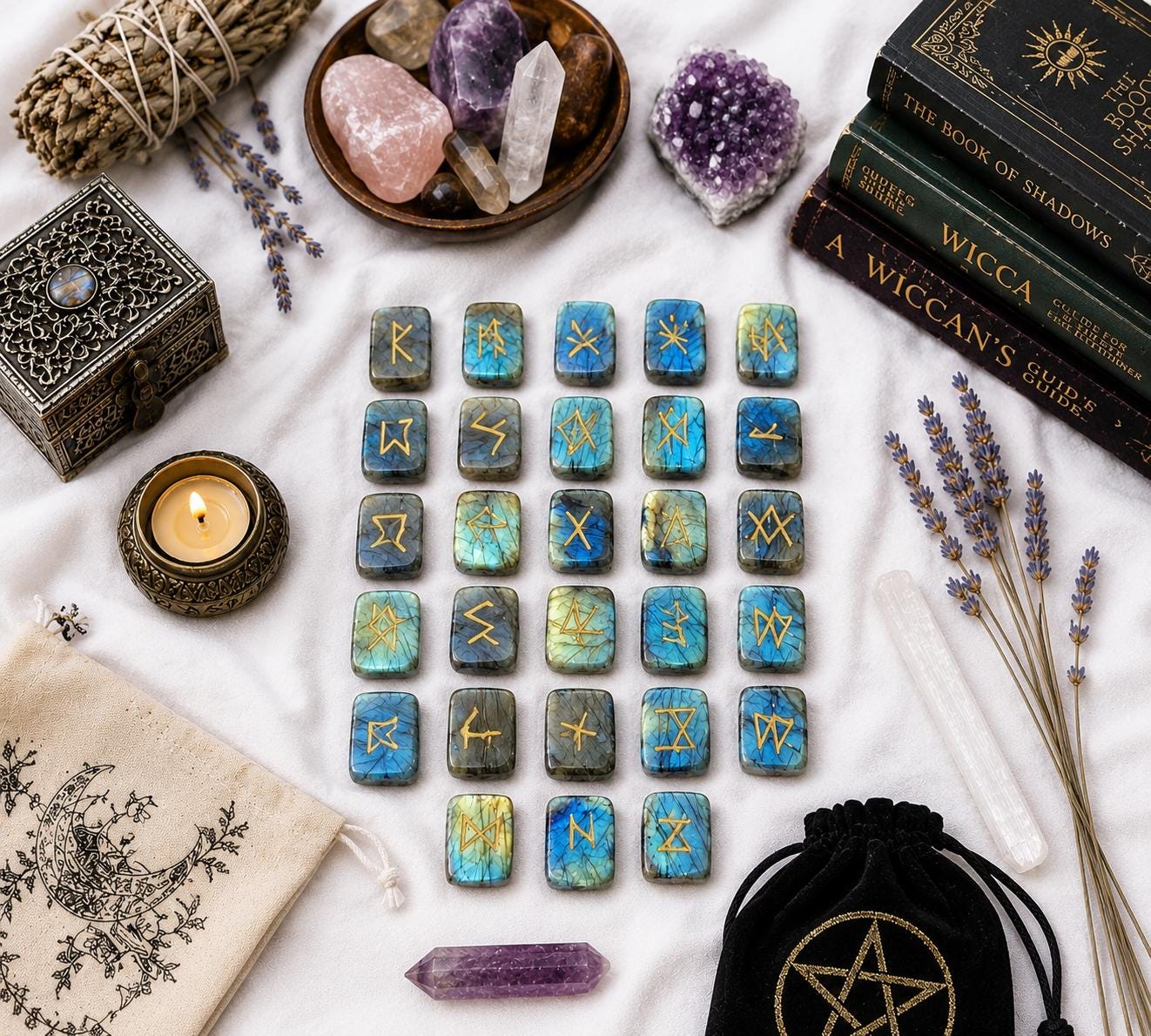 Viking Rune Home Decor - Labradorite Rune Stone Set Hand Engraved Norse Viking Runes for