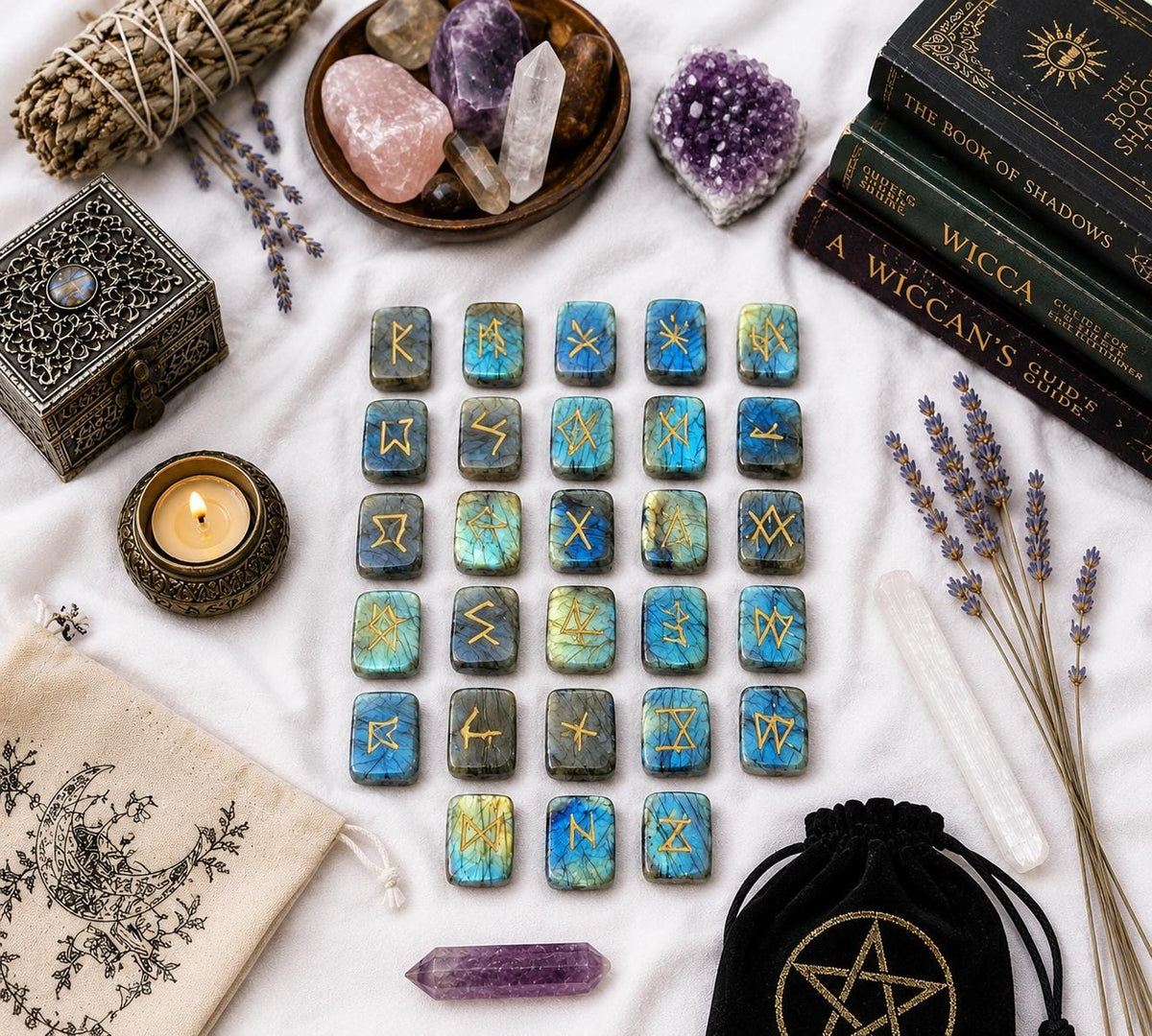 Viking Rune Home Decor - Labradorite Rune Stone Set Hand Engraved Norse Viking Runes for