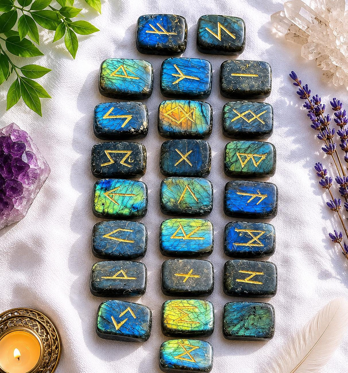 Viking Rune Home Decor - Labradorite Rune Stone Set Hand Engraved Norse Viking Runes for