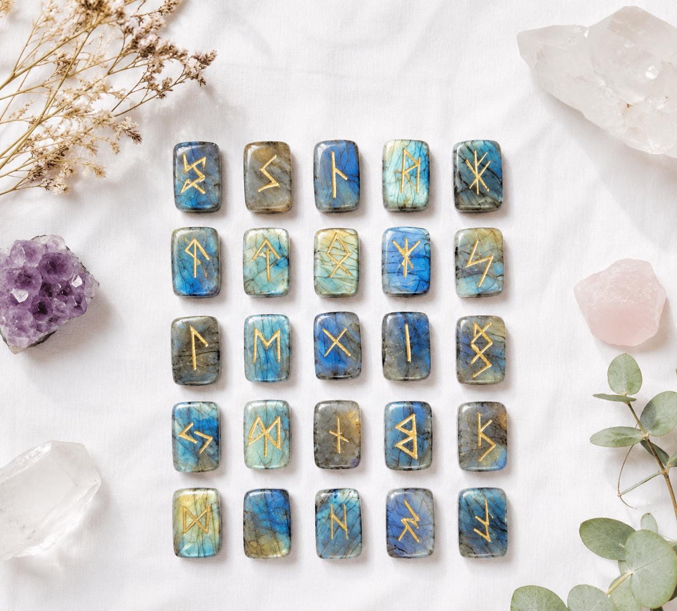 Viking Rune Home Decor - Labradorite Rune Stone Set Hand Engraved Norse Viking Runes for
