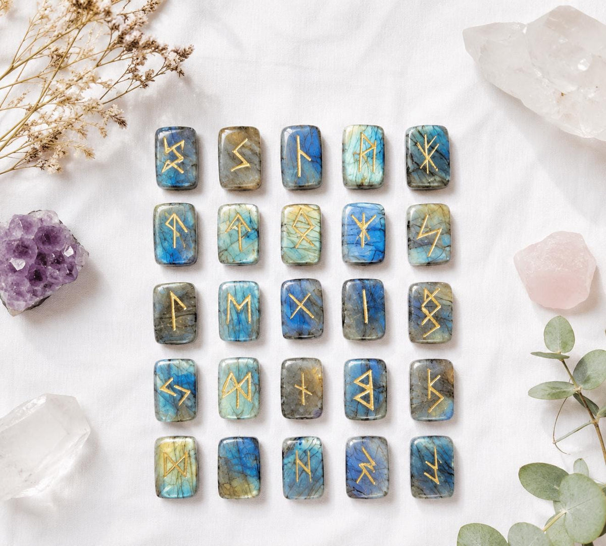 Viking Rune Home Decor - Labradorite Rune Stone Set Hand Engraved Norse Viking Runes for